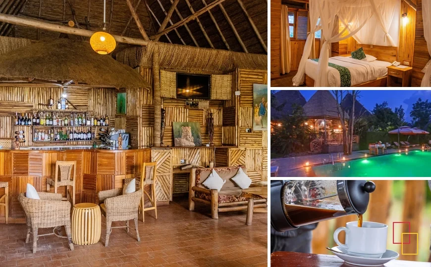 Collage de cuatro fotografías de Elephant Hab Lodge en Uganda: alojamiento y entorno