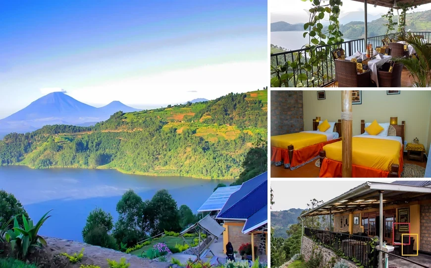 Collage de cuatro fotografías de Lake Mulehe Gorilla Lodge en Uganda: alojamiento y entorno