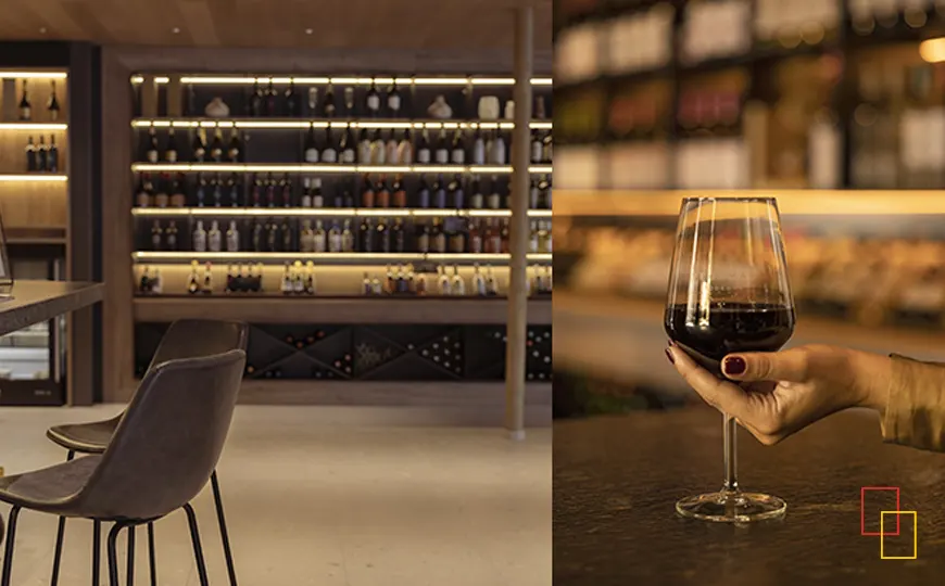 Interior del espacio Vegamar en Castellón con botelleros y zona de catas