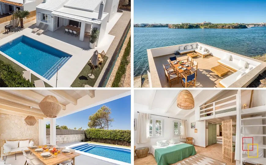 Mesa preparada para desayunar en la terraza de una villa en Menorca con vistas al mar