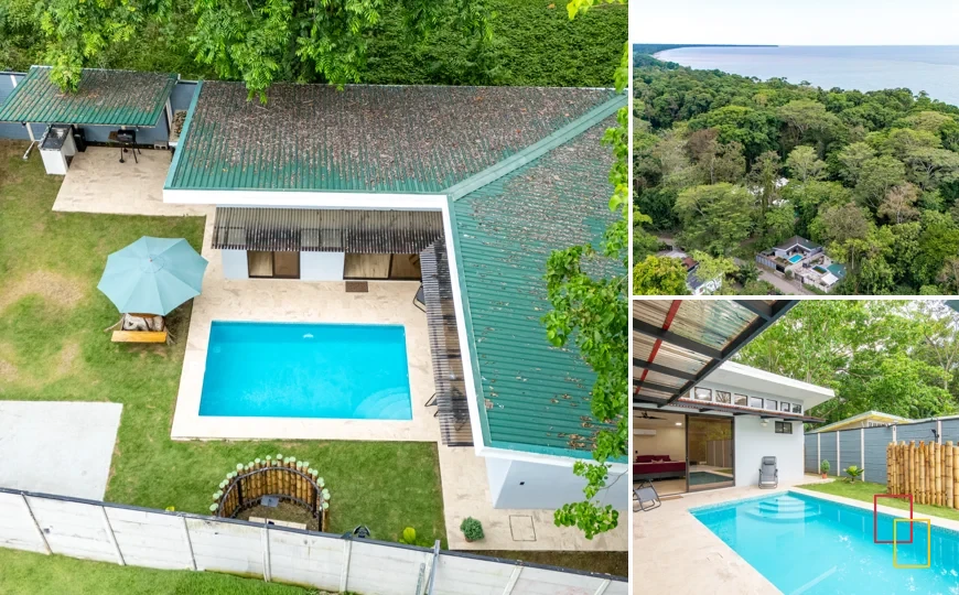 Collage con tres fotografías del alojamiento Villa Libe en Puerto Viejo de Costa Rica