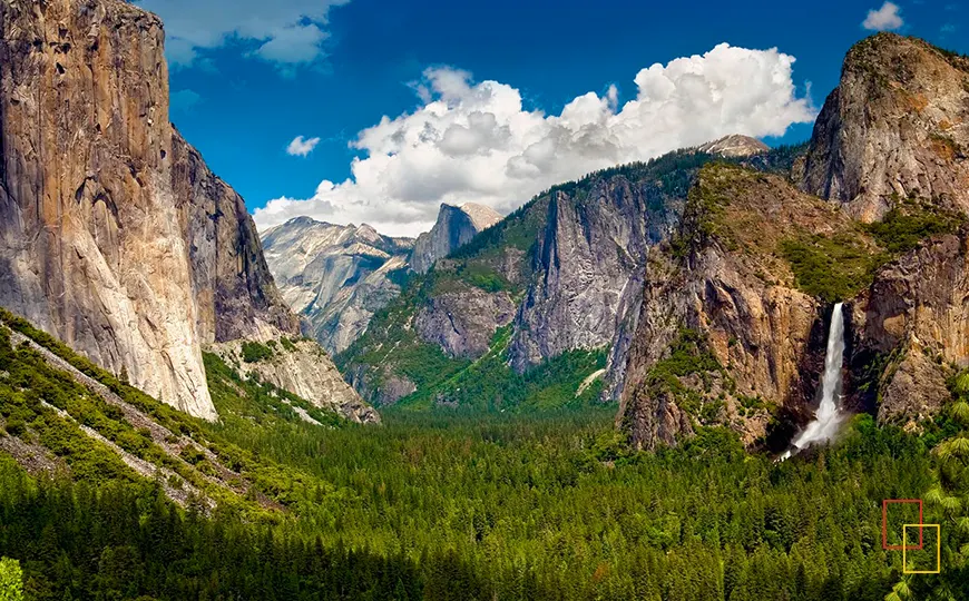Panorámica del valle de Yosemite desde Tunnel View con El Capitan, Half Dome y Bridalveil Fall